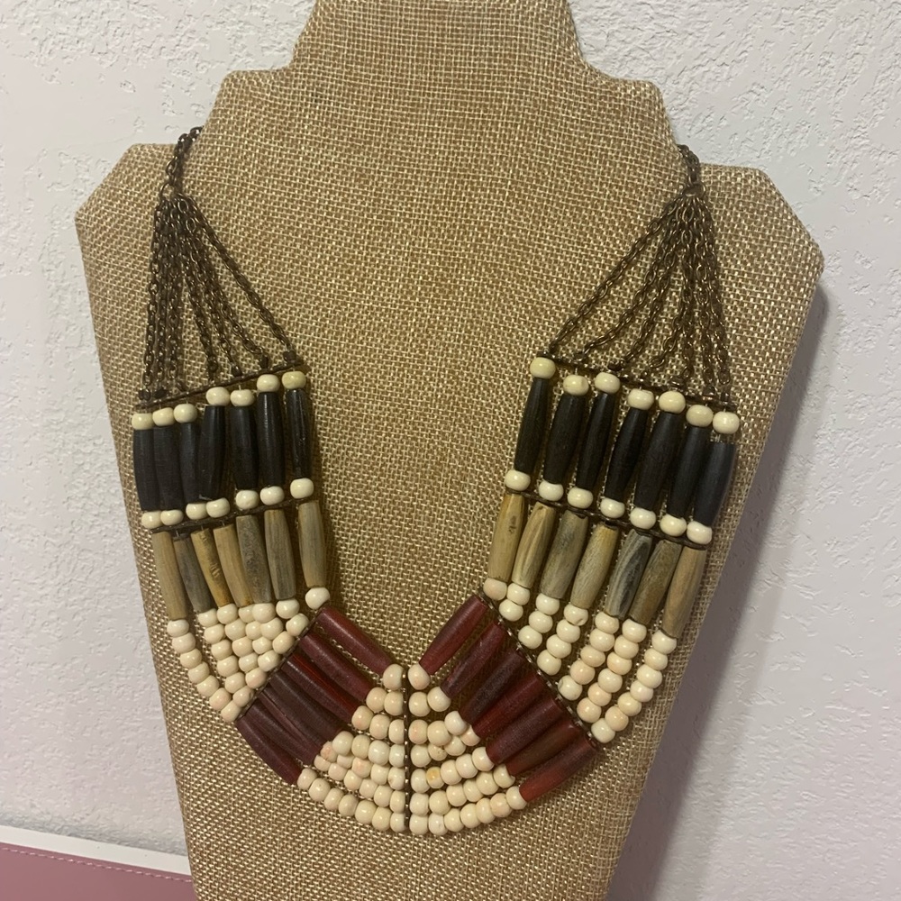 Wood and Resin Ethnic Tribal Multi Strand Beaded Necklace bib Style Adjustable